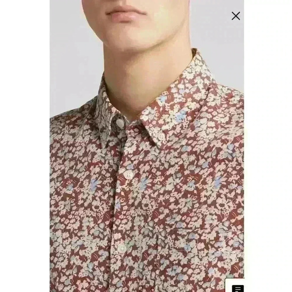 Nordstrom Mns Sz L Floral Trim Fit Button Down Shirt Brown Linen Stretch Fun NWT - Picture 1 of 16